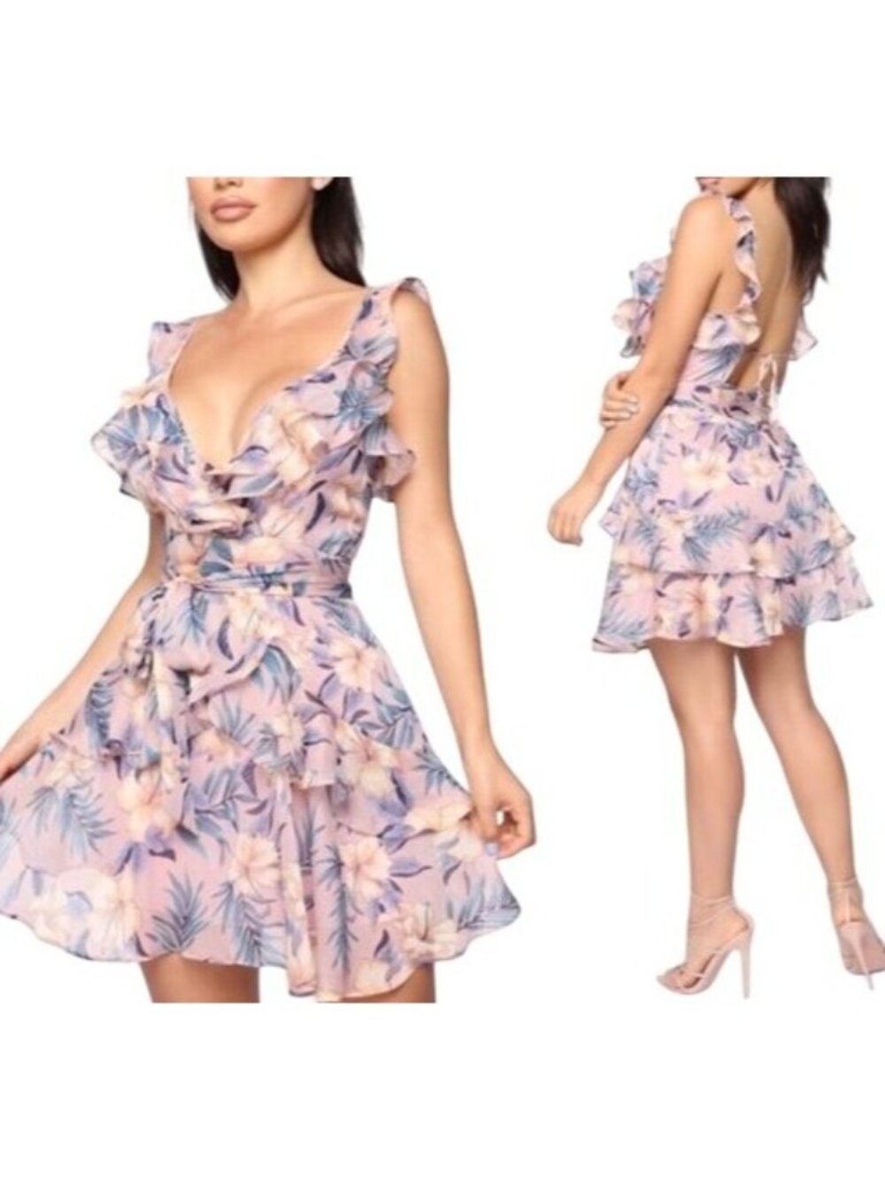 The Vintage Shop Purple Floral Ruffle Skater Dress Size M Open Back Mini Medium